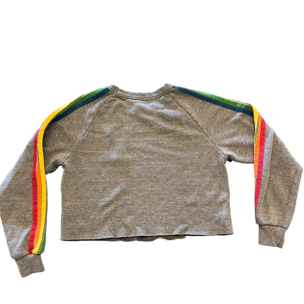 Aviator Nation Gray Cropped Crewneck with Rainbow Sleeve Stripes - Picture 6 of 8